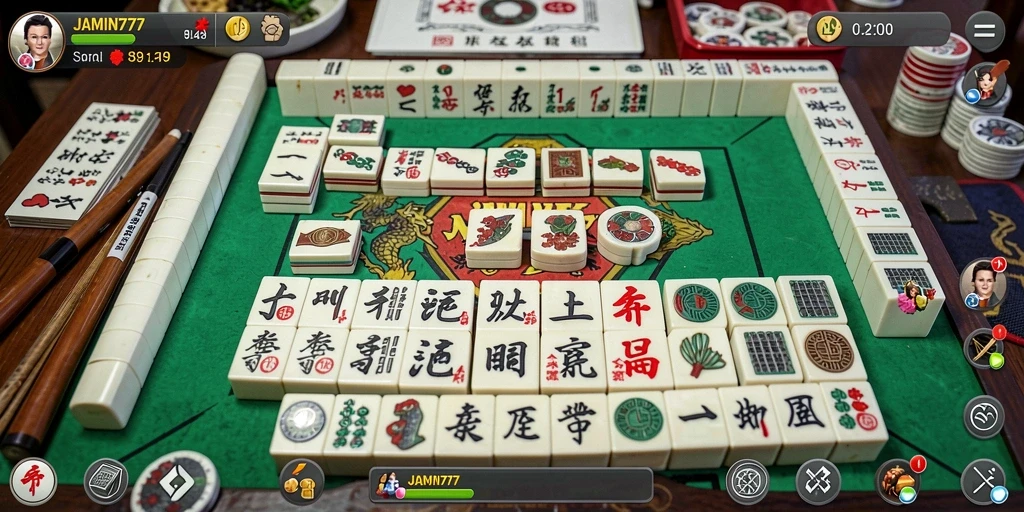Tampilan gameplay <strong>JAMIN777</strong> yang menarik dengan ubin Mahjong berwarna-warni.