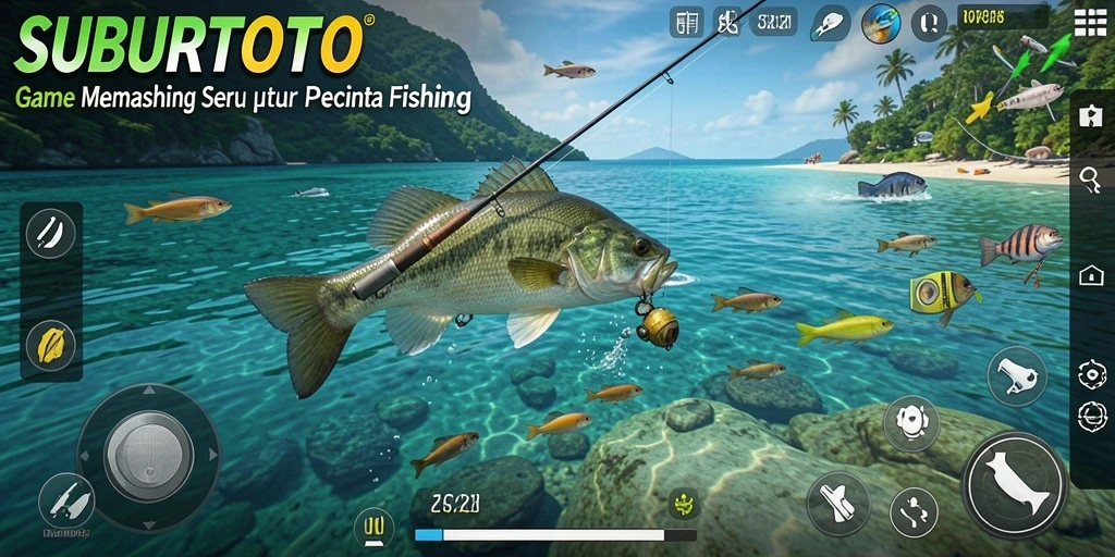 Screenshot SUBURTOTO menampilkan gameplay memancing yang menakjubkan.