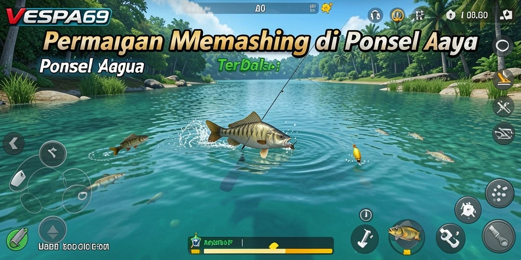 Screenshot gameplay VESPA69 yang menunjukkan aksi memancing yang mendebarkan.